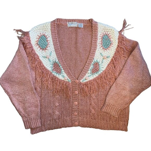Maggie Lawrence Sweaters - Vintage 80s/90s Maggie Lawrence Pink Knit Western Fringe Cardigan Sweater Sz L